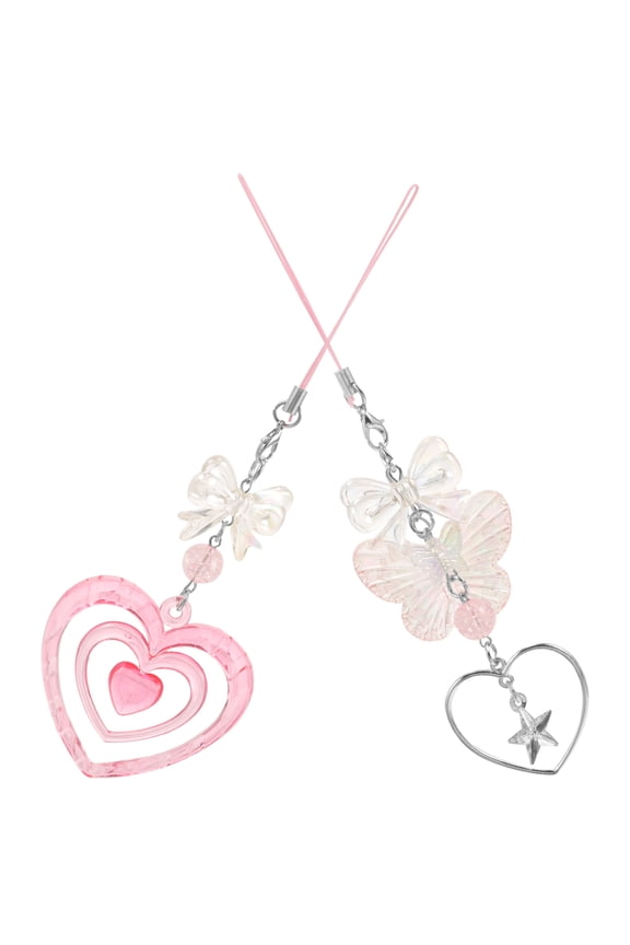 2Pcs Stylish Pink Phone Strap Charm Heart Bow for Phone Purse and Key Decoration