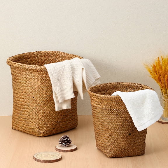 GAXIRE 2-Pack Brown Woven Wicker Trash Baskets and Storage Bins for Bathroom, Bedroom, Kitchen Organization