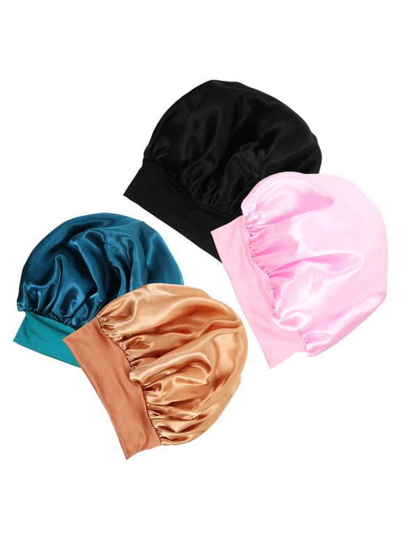 Assorted Colors Elastic Wide Brim Sleeping Caps for Hair Weave and Braids 4 Pieces