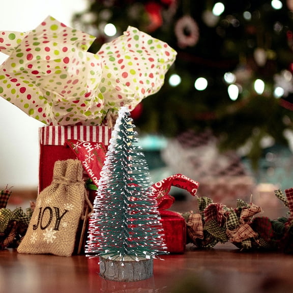 GAXIRE 7-Piece Artificial Christmas Tree Set with Frosted Pine Branches and Solid Wood Base for Holiday Tabletop Decor