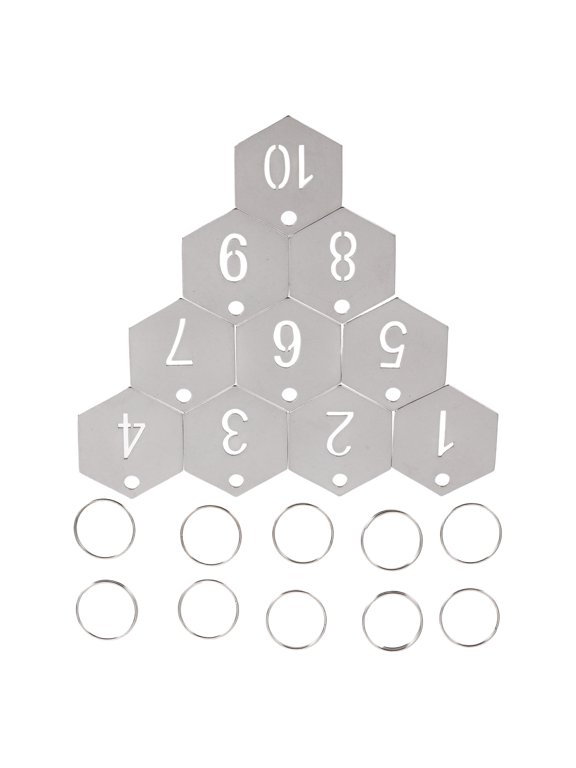 10Pcs Metal Number Tags Stainless Steel Plated Silver Hexagonal Keychain for Id and Equipment Labeling