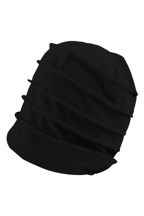 Breathable Black Turban Cap for Chemotherapy Stylish Pleated Design Head Wrap