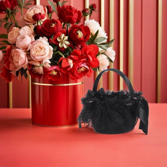 GAXIRE Elegant Black Flower Basket with Rhinestone Bowknot for Wedding Confetti and Petal Holder