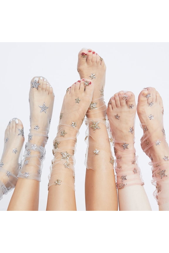 Women Fashion Glitter Star Mesh Sock Transparent Elastic Sheer Ankle Socks (Gray)