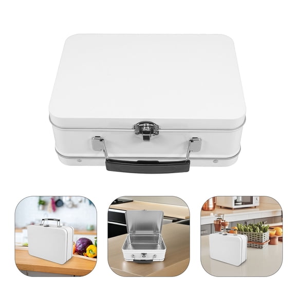 GAXIRE White Hinged Lid Bento Container Tinplate Portable Lunch Box for Outdoor Activities and Travel 1 Set