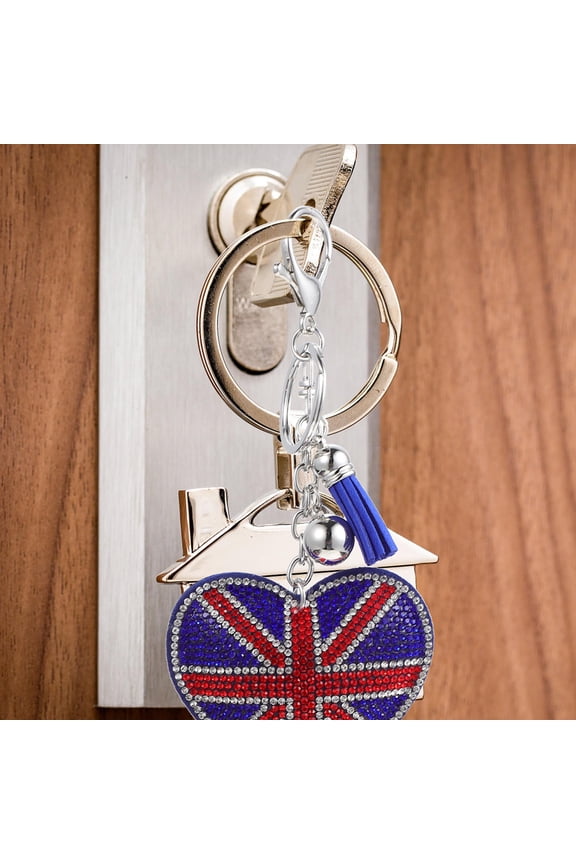 2Pcs Union Jack Keychain Heart-shaped Key Ring Rhinestone Alloy Keychain Women Bag Pendant