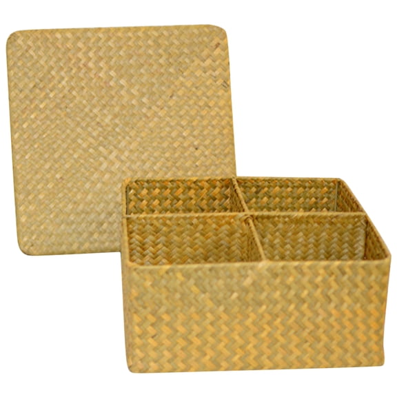 GAXIRE Multipurpose Divided Storage Basket 11.8x11.8x4.7in Beige Sea Grass Iron Frame Hand Woven Organizer for Home Office