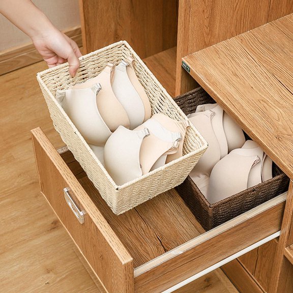 GAXIRE Retro Beige Paper String Rattan Storage Box Decorative Basket 1 Piece