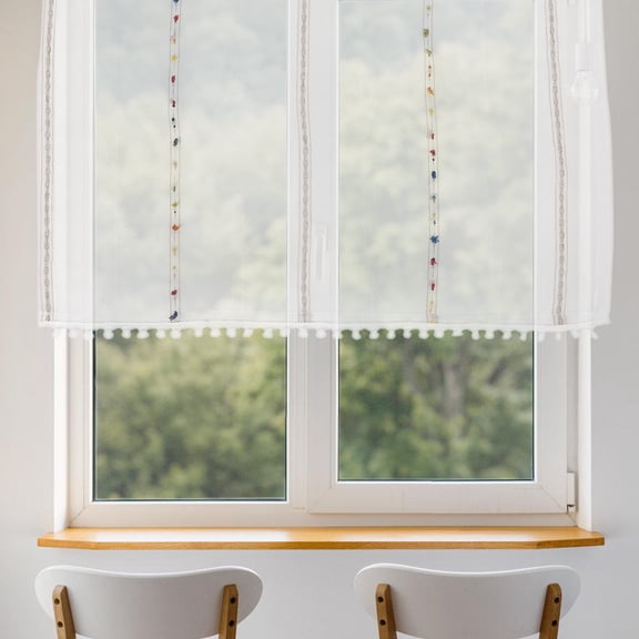 GAXIRE White Colorful Pom Pom Short Kitchen Curtain 60x40cm Window Decor