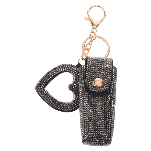 GAXIRE Travel Lipstick Case Black Rhinestone Keychain with Heart Mirror for Lip Balm Storage