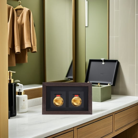 GAXIRE Solid Wood Sports Medal Display Case Coffee Color with Wall Mount and Freestanding Options