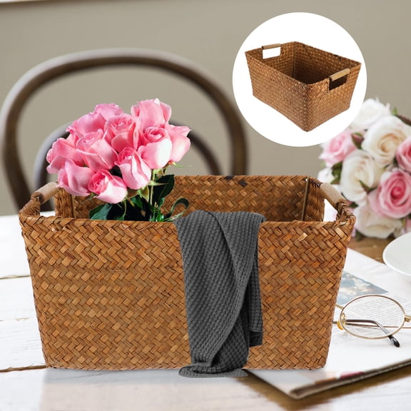 GAXIRE Woven Basket with Handle for Home Storage Organizer Light Brown Wood Sea Grass and Iron 12.5x8.5x9 inches