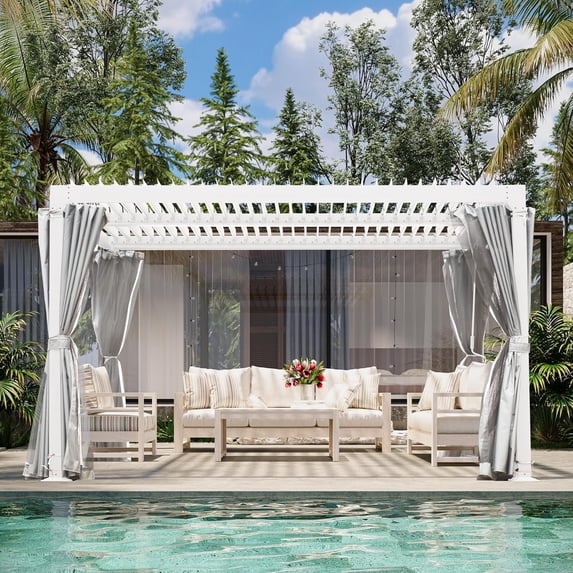 GAZEBETER 10' x 10' Louvered Pergola, Outdoor Aluminium Pergola with Adjustable Roof, Curtains and Netting, Hardtop Gazebo for Patio, Deck, Garden, Yard, Beach, White