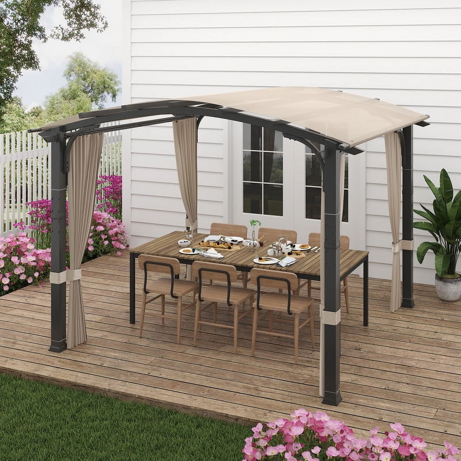 GAZEBETER 10' x10' Outdoor Arched Pergola,Metal Patio Gazebo with Sun Shade Canopy and Curtains for Gardens,Patios,Backyards (Beige)