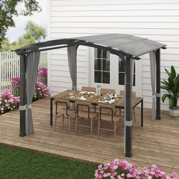 GAZEBETER 10' x10' Outdoor Arched Pergola,Metal Patio Gazebo with Sun Shade Canopy and Curtains for Gardens,Patios,Backyards (Grey)