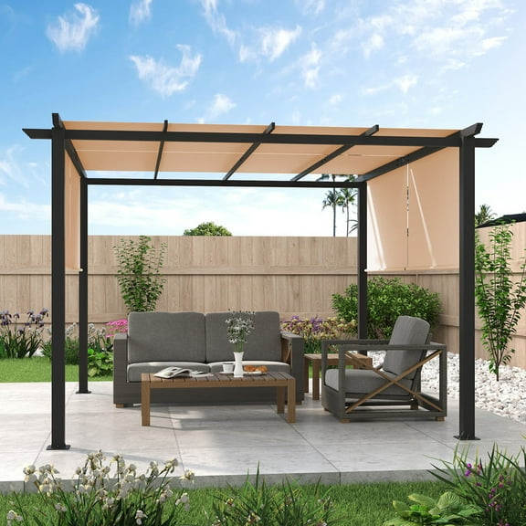 GAZEBETER 10'x10' Outdoor Flat Top Pergola,Retractable Metal Pergola with Sun Shade Canopy for Patio,Backyard,Garden,Barbecue,Party,Beige
