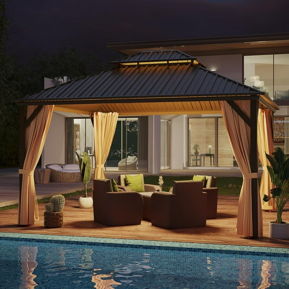 GAZEBETER 10x10 ft Hardtop Gazebo Outdoor Aluminum Patio Gazebo Double Roof Galvanized Steel Gazebo Canopy with Netting and Curtains,for Garden Patio,Patio Backyard,Deck and Lawns