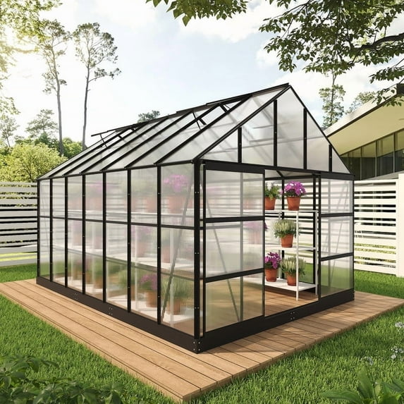 GAZEBETER 10x14 FT Aluminum Greenhouse for Outdoors,Walk in Greenhouse,Polycarbonate Greenhouse with 4 Roof Vent Windows and Lockable Double Doors for Backyard,Black