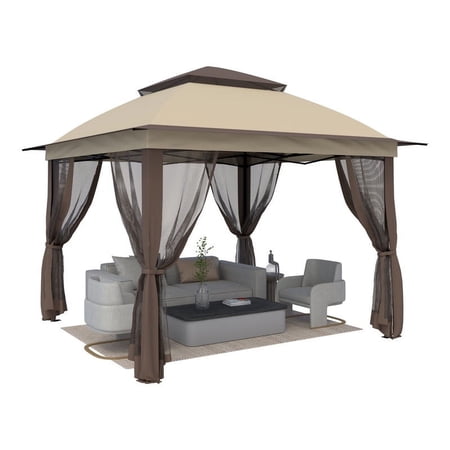 GAZEBETER 11' x 11' Pop up Gazebo with 4 Sidewalls Mosquito Netting-Waterproof and UV Resistant for Patios,Weddings,Beige