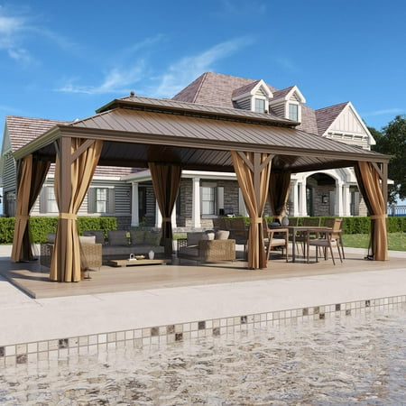 GAZEBETER 12' X 22' Permanent Hardtop Gazebo, Outdoor Galvanized Steel Double Roof Pavilion Pergola Canopy with Aluminum Frame and Privacy Curtains for Garden Patio,Patio Backyard,Deck and Lawns