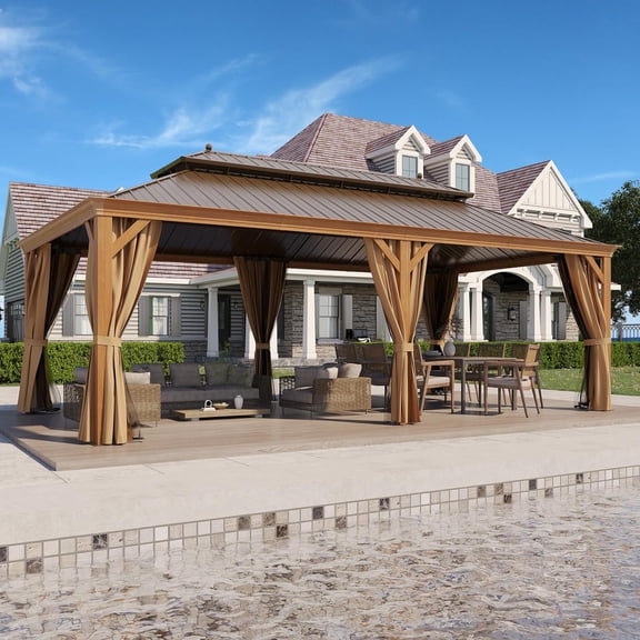 GAZEBETER 12' X 22' Permanent Hardtop Gazebo, Outdoor Galvanized Steel Double Roof Pavilion Pergola Canopy Wood-Looking with Aluminum Frame and Privacy Curtains for Garden,Patio