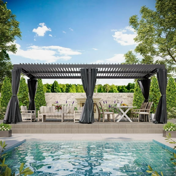 GAZEBETER 12' x 20' Louvered Pergola, Outdoor Aluminium Pergola with Adjustable Roof, Curtains and Netting, Hardtop Gazebo for Patio, Deck, Garden, Yard, Beach, Black