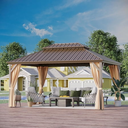 GAZEBETER 12' x 16' Hardtop Gazebo, Brown, Double Roof, Galvanized Steel, Netting & Curtains