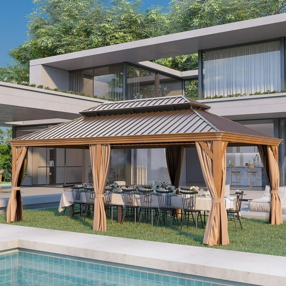 GAZEBETER 12x20ft Double Roof Hardtop Gazebo, Aluminum/Steel Frame with Privacy Curtains, Brown