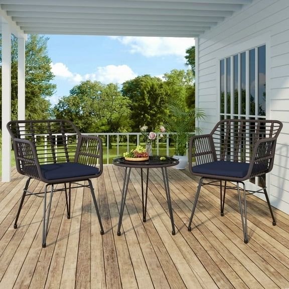 GAZEBETER 3 Piece Outdoor Wicker Bistro Set,PE Rattan Patio Chairs Set with Table & Cushions,Modern All-Weather Outdoor Patio Furniture for Porch Poolside Garden,Blue