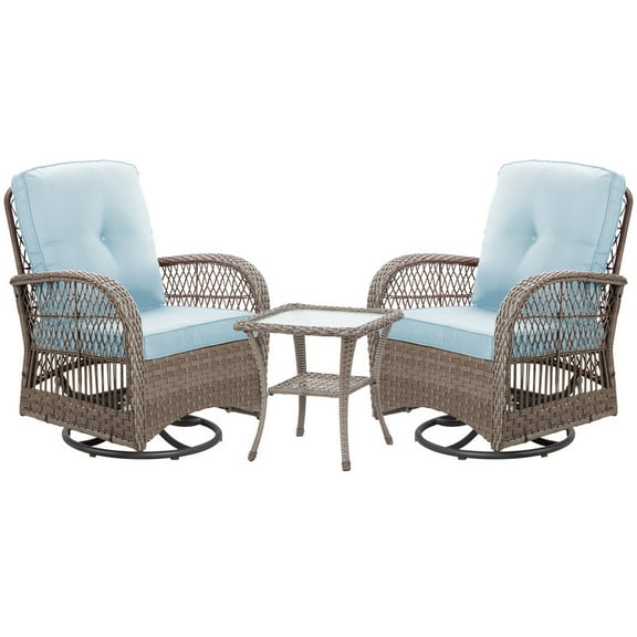 GAZEBETER 3 Pieces Rattan Patio Furniture Set,Outdoor Rocking Chairs Set of 3,Wicker Chairs with Glass Top Side Table for Porch,Deck,Garden,Backyard,Azure