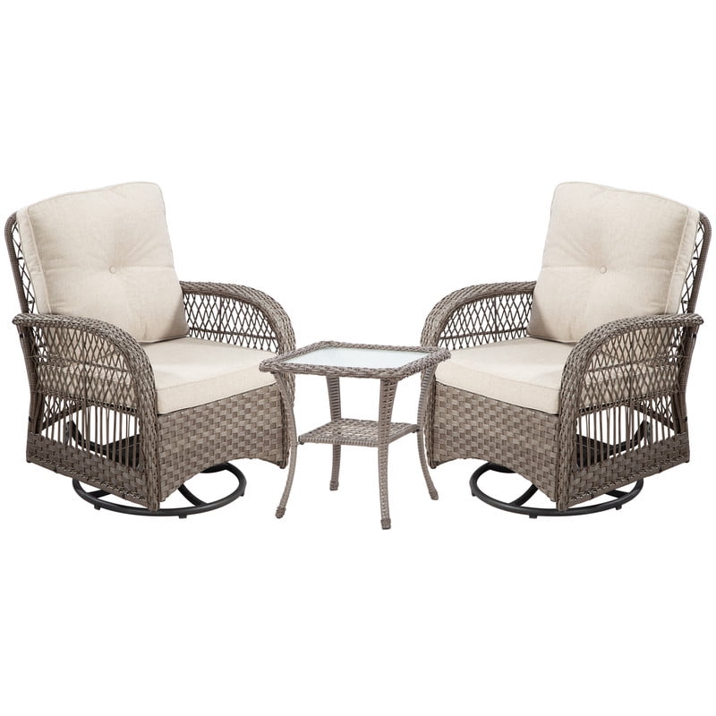 Outdoor 3-Piece Rattan Rocking Chairs and Table Set with Red Cushions