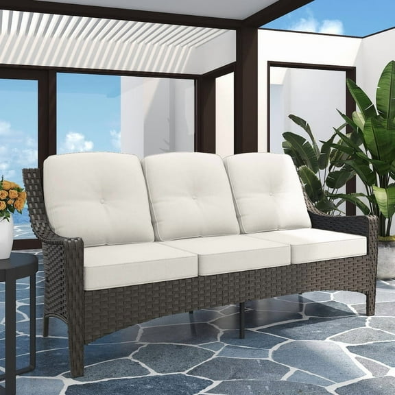 GAZEBETER 3-Seater PE Wicker Patio Sofa,All-Weather Rattan Sectional Couch with Thick Cushions,Waterproof & UV-Resistant for Porch,Poolside or Backyard (Beige)