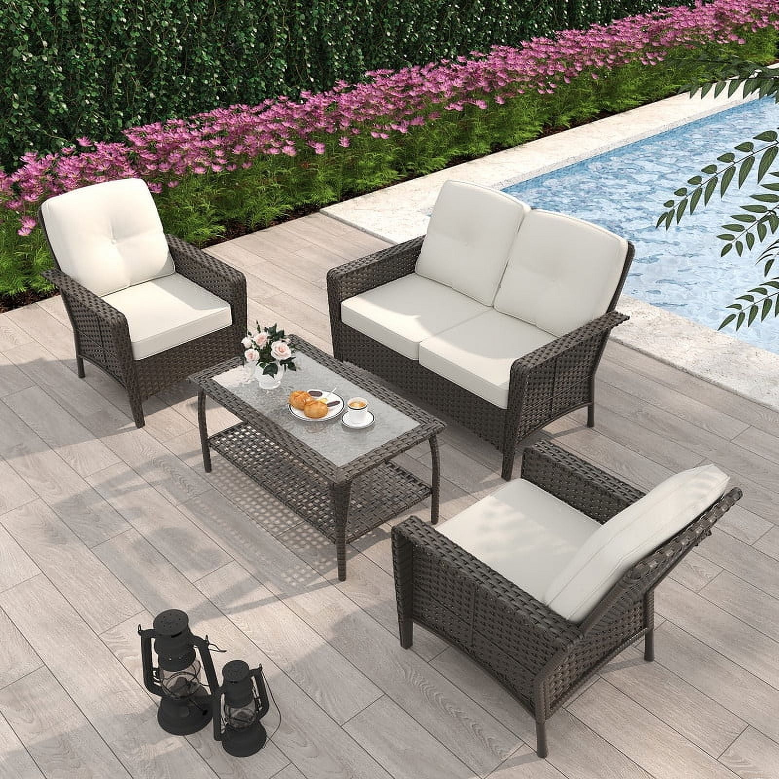 GAZEBETER 4 Piece Outdoor Patio Furniture Set,Wicker Patio Conversation Sets of 4,PE Rattan Wicker Table and Chairs Set with Cushions,Beige