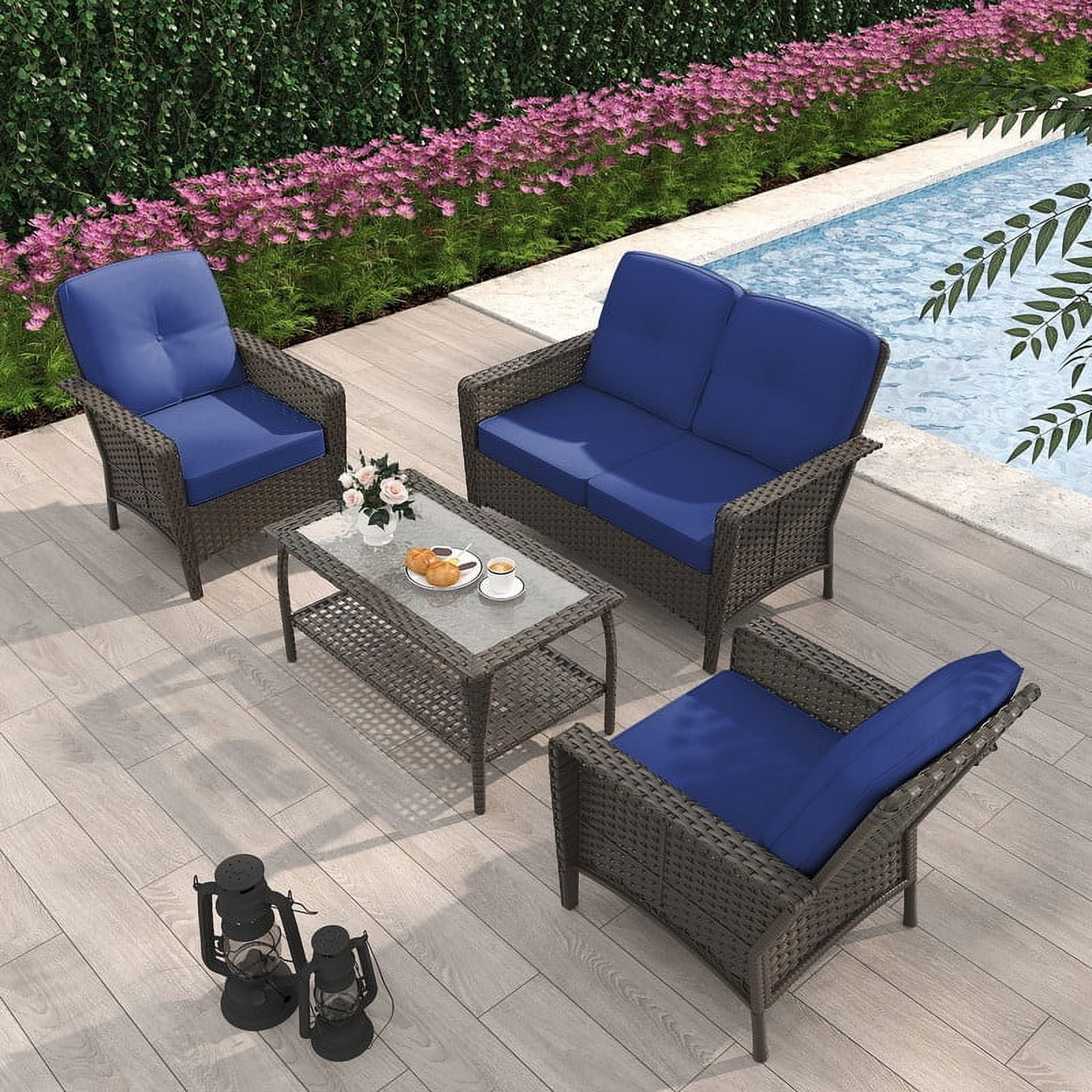 GAZEBETER 4 Piece Outdoor Patio Furniture Set,Wicker Patio Conversation Sets of 4,PE Rattan Wicker Table and Chairs Set with Cushions,Blue