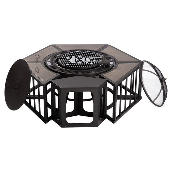 GAZEBETER 51" Fire Pit,Outdoor Wood Burning Fire Pits with Lids,Fire Poker and Metal Side Table,BBQ Fire Pits for Picnic Party,Brown