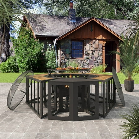 GAZEBETER 51" Fire Pit,Outdoor Wood Burning Fire Pits with Lids,Fire Poker and Metal Side Table,BBQ Fire Pits for Picnic Party, Natural Wood Grain