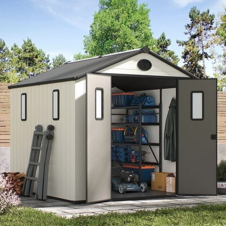 GAZEBETER 8x8 FT Resin Storage Shed with Built-in Floor,Weatherproof Outdoor Garden Shed with Lockable Doors and Air Ventilations Skylight Windows for Tools Accessories Accessories