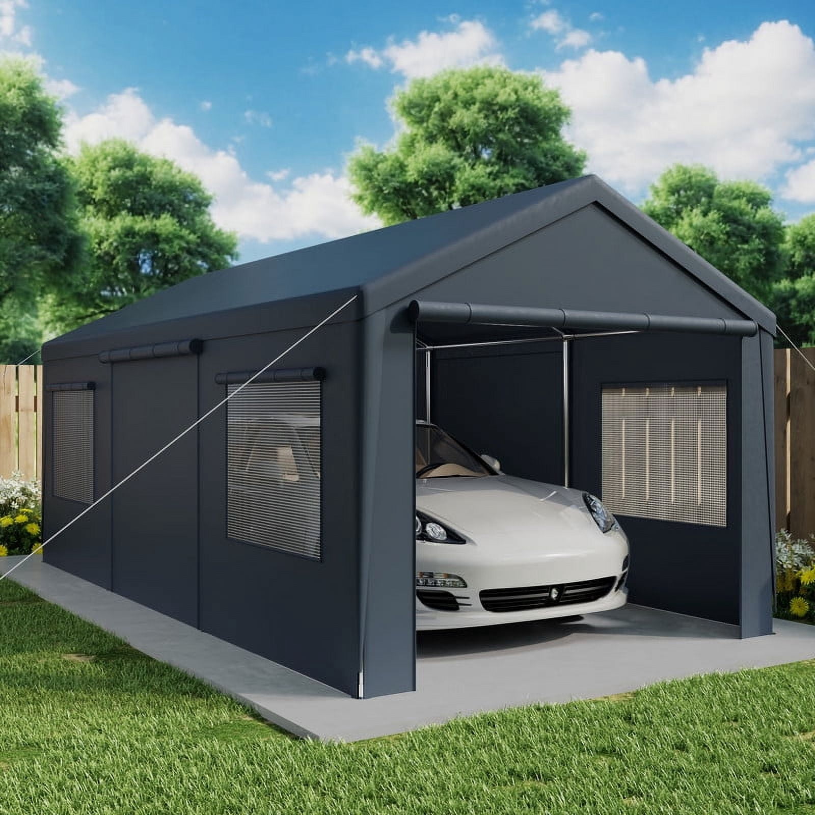 GAZEBETER Carports 10x20 ft Heavy Duty,Portable Carport Garage with Removable Sidewalls and Door,Outdoor Canopy Carport,Gray