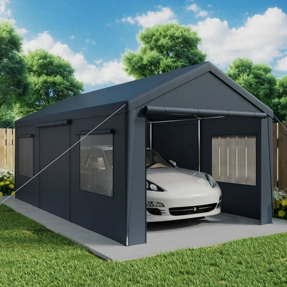 GAZEBETER Carports 13x20 ft Heavy Duty,Portable Carport Garage with Removable Sidewalls and Door,Outdoor Canopy Carport,Gray