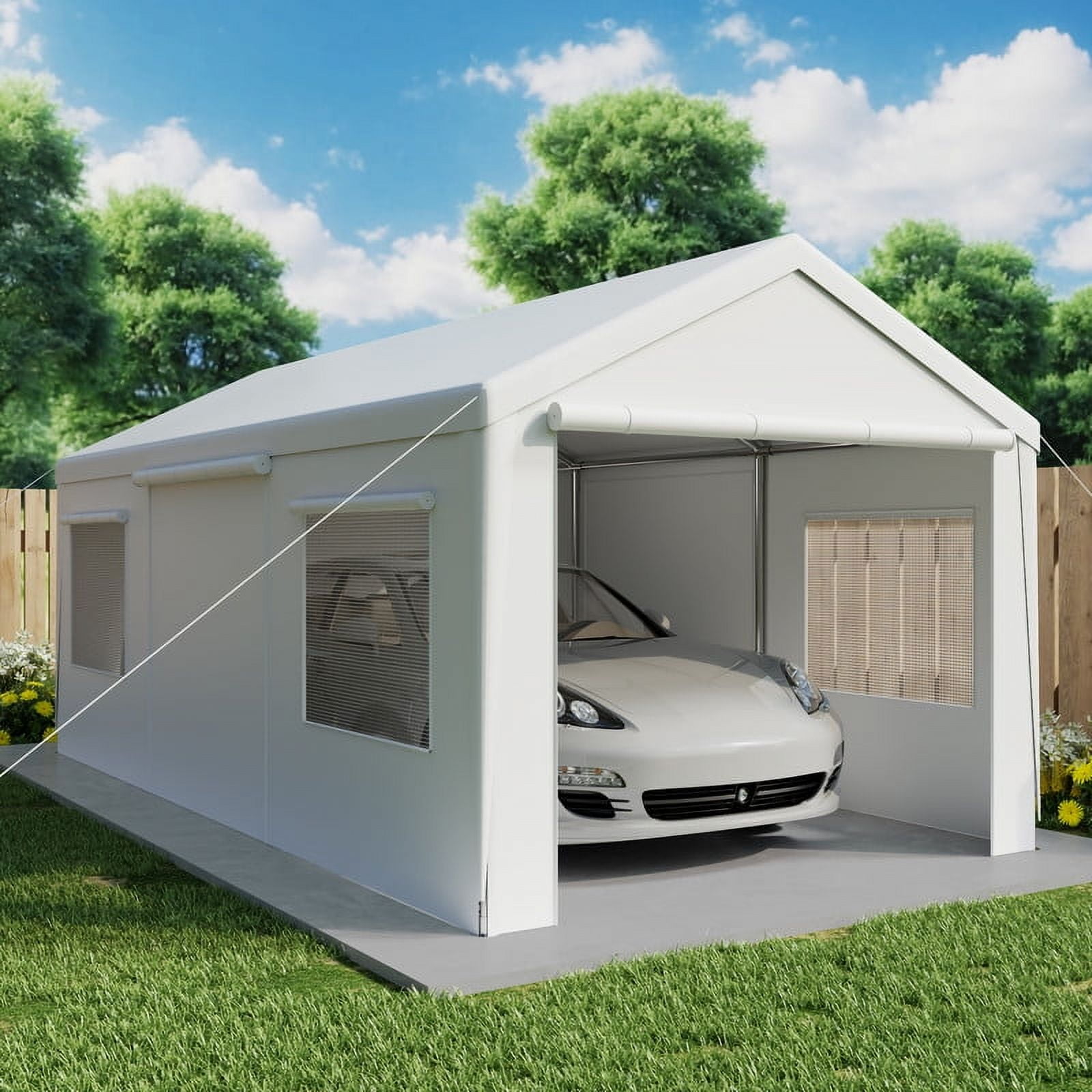 GAZEBETER Carports 13x20 ft Heavy Duty,Portable Carport Garage with Removable Sidewalls and Door,Outdoor Canopy Carport,White