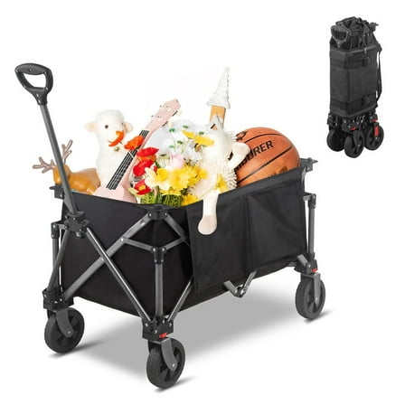 GAZEBETER Collapsible Folding Wagon Cart 220LBS Capacity, Foldable Extended Garden Cart with All-Terrain Wheels & Side Storage Bag for Grocery Gardening Sports Shopping Fishing, Black