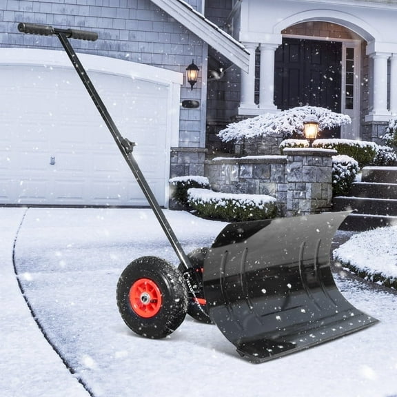 GAZEBETER Heavy Snow Shovel with Wheels,Manual Snow Shovel with Adjustable Handle,Rolling Pusher with 29" Blade for Doorway,Driveway,Sidewalk and Pavement Clearing,Black(Single Pole)