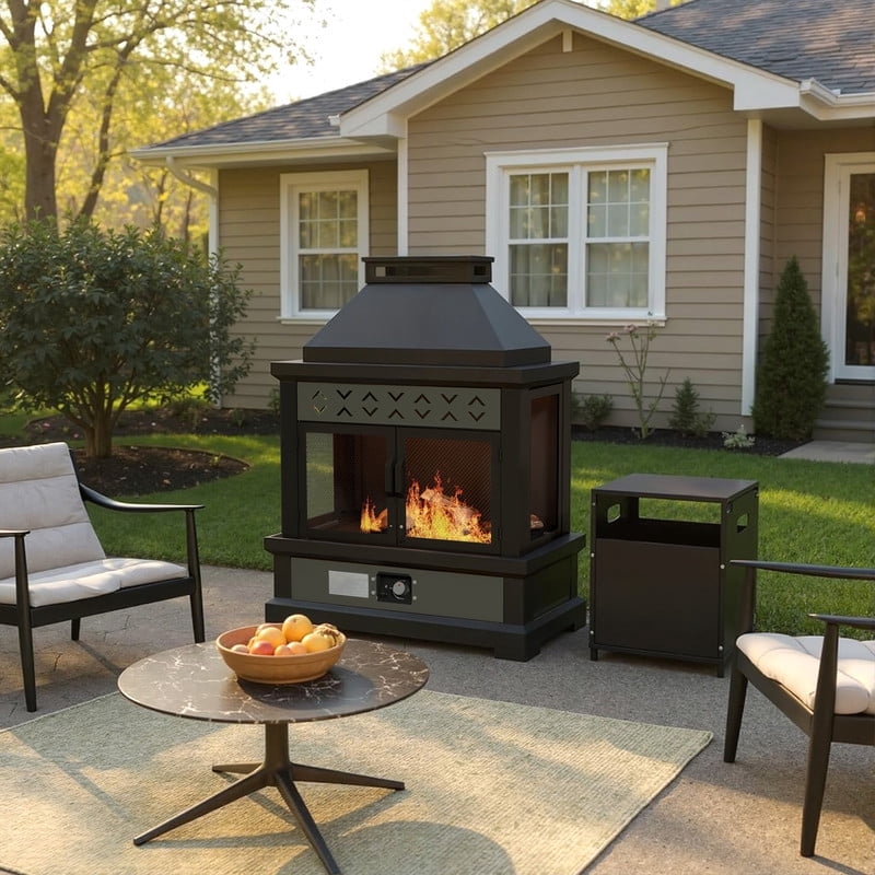 GAZEBETER Outdoor Gas Fireplace, 35" 50000 BTU Patio Gas Fire Pit Propane with Rain Cover, CSA Certified, Adjustable Flame for Deck, Backyard, Balcony