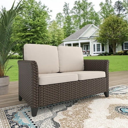 GAZEBETER Outdoor Loveseat Sofa,Patio Wicker Loveseat with Seat Cushions and Thicking Back,2 Seat Outdoor Couch for Porch Deck Backyard,Beige