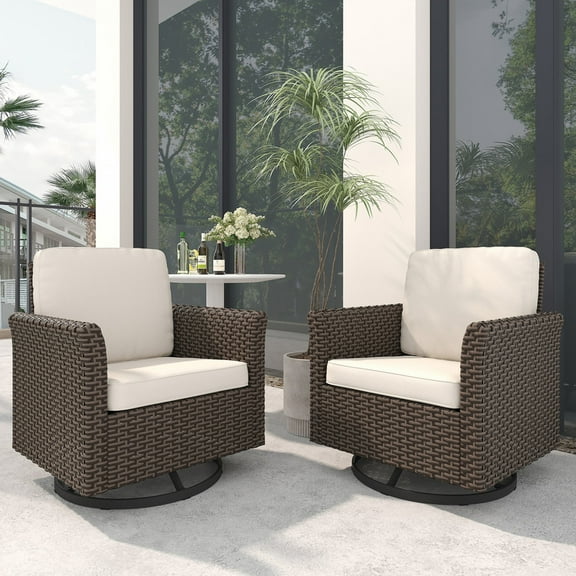 GAZEBETER Outdoor Swivel Rocking Chairs Set of 2,Patio Rocking Swivel Chairs Set of 2 with Comfy Cushions,2 Piece Wicker Glider Rocker for Porch,Poolside,Deck and Yard,Beige