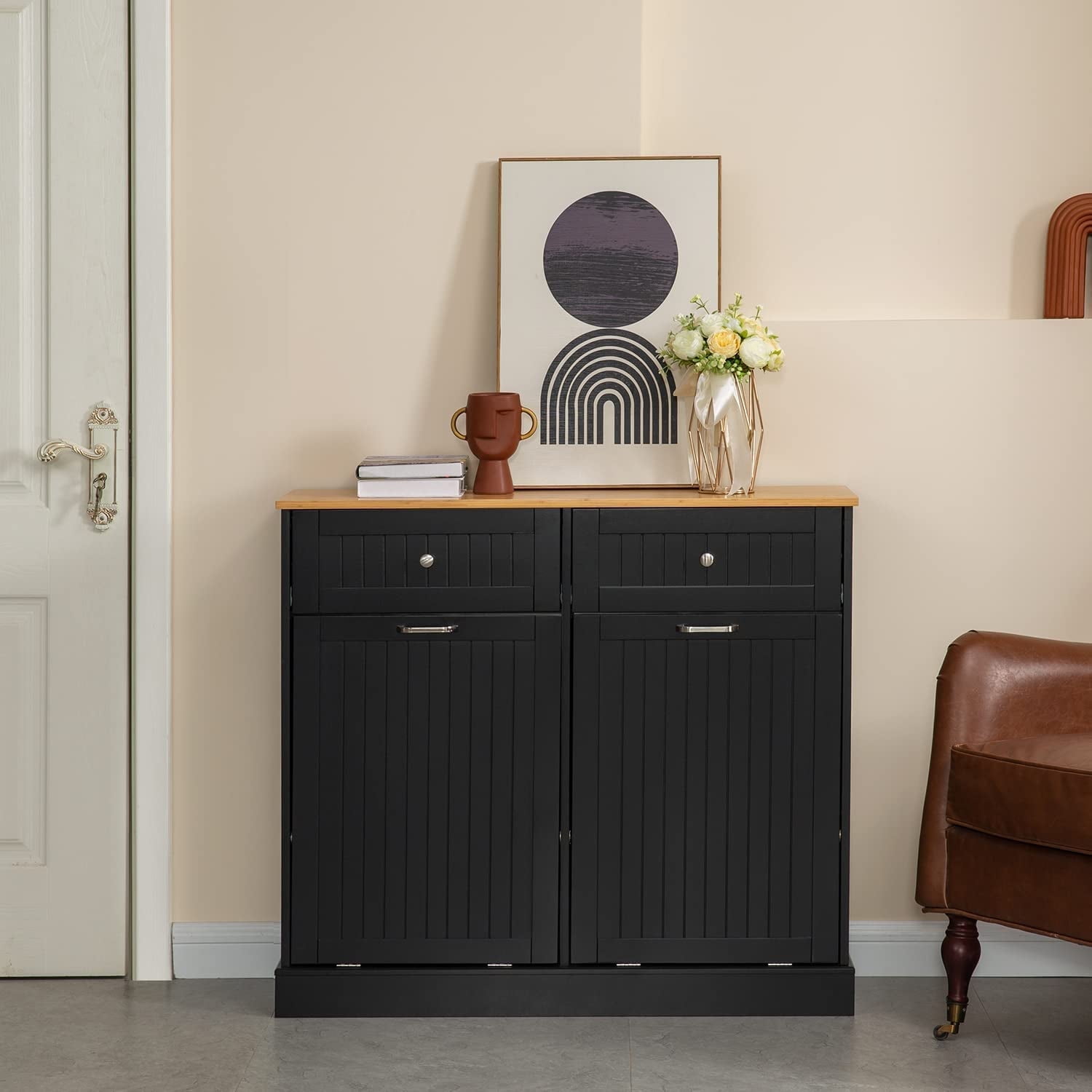 GAZHOME Kitchen Trash Can Cabinet, Double Tilt Out 20 Gallon Garbage Cans Cabinet, Black