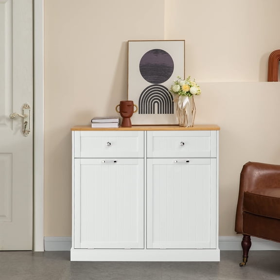 GAZHOME Kitchen Trash Can Cabinet, Double Tilt Out 20 Gallon Garbage Cans Cabinet, White
