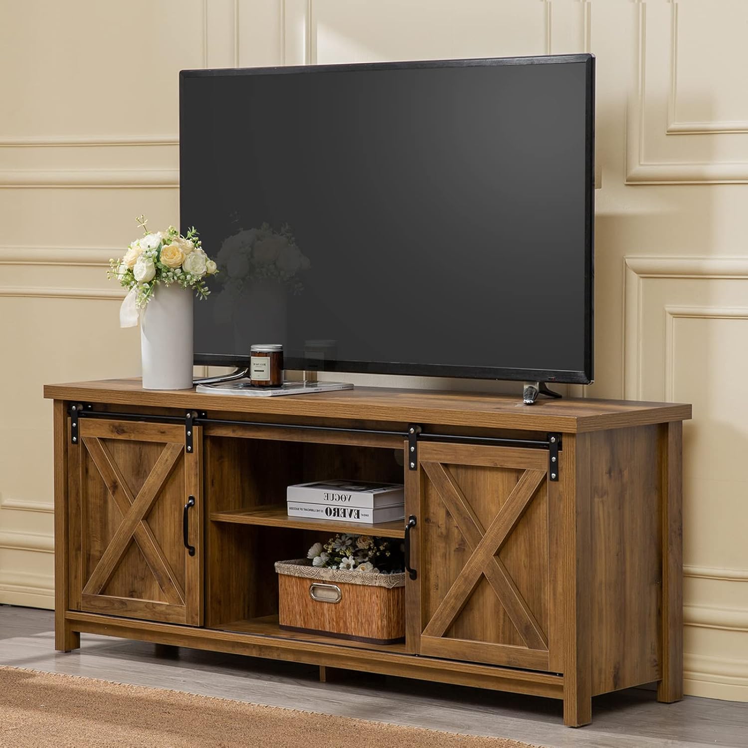 GAZHOME Modern Farmhouse TV Stand with Sliding Barn Doors, Media