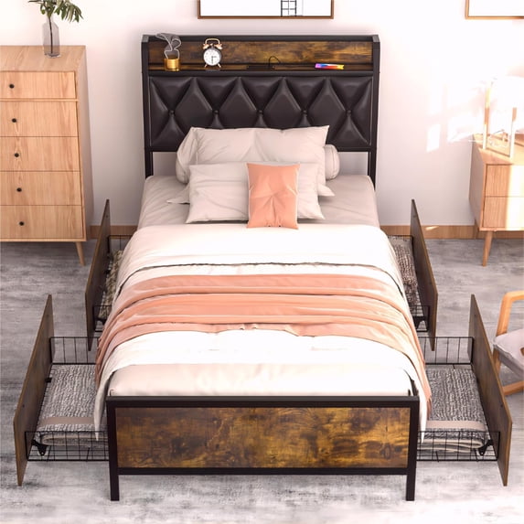 GAZHOME Twin Size Platform Bed Frame with Charging Station, 4 Storage Drawers and Headboard, No Box Spring Required