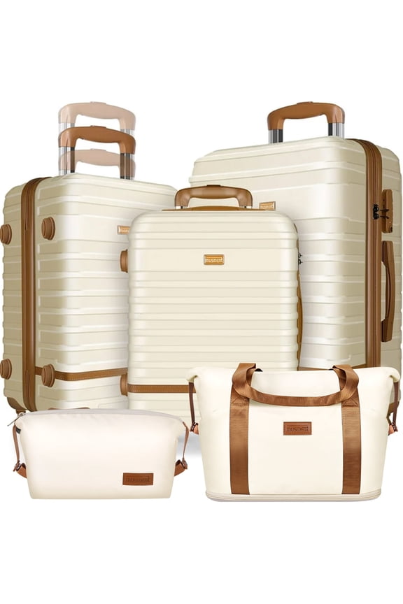 Luggage Sets and Travel Duffel Bag Set of 5, ABS Hardshell Hardside Checked Luggage with TSA Lock and Double Spinner Wheels Suitcase,Ivory White